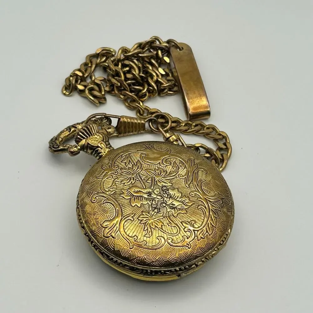 Vintage Details Gold Tone Truck Emblem Cover Pocket Quartz Watch